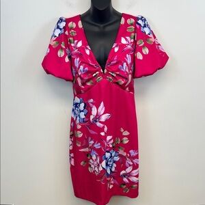 Guess Pink and Floral V-Neck Puff Sleeve Dressy Summer Spring Chic Dress Size 10